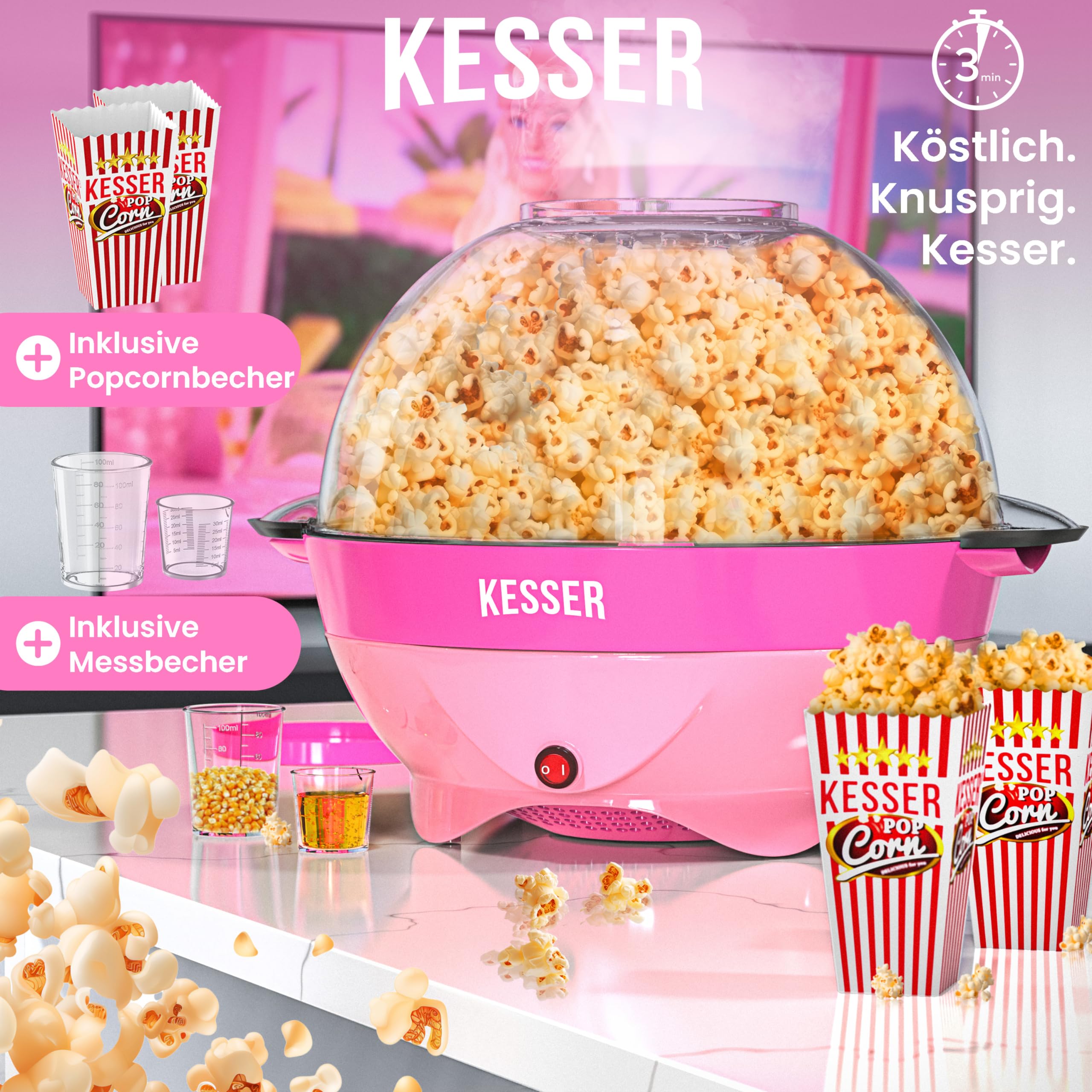 KESSER® Macchina Popcorn 800W | Popcorn Maker 5,5l con coperchio con rivestimento antiaderente e ciotola di servizio | incl. superficie di riscaldamento rimovibile e tazza per popcorn, 26849_mfn