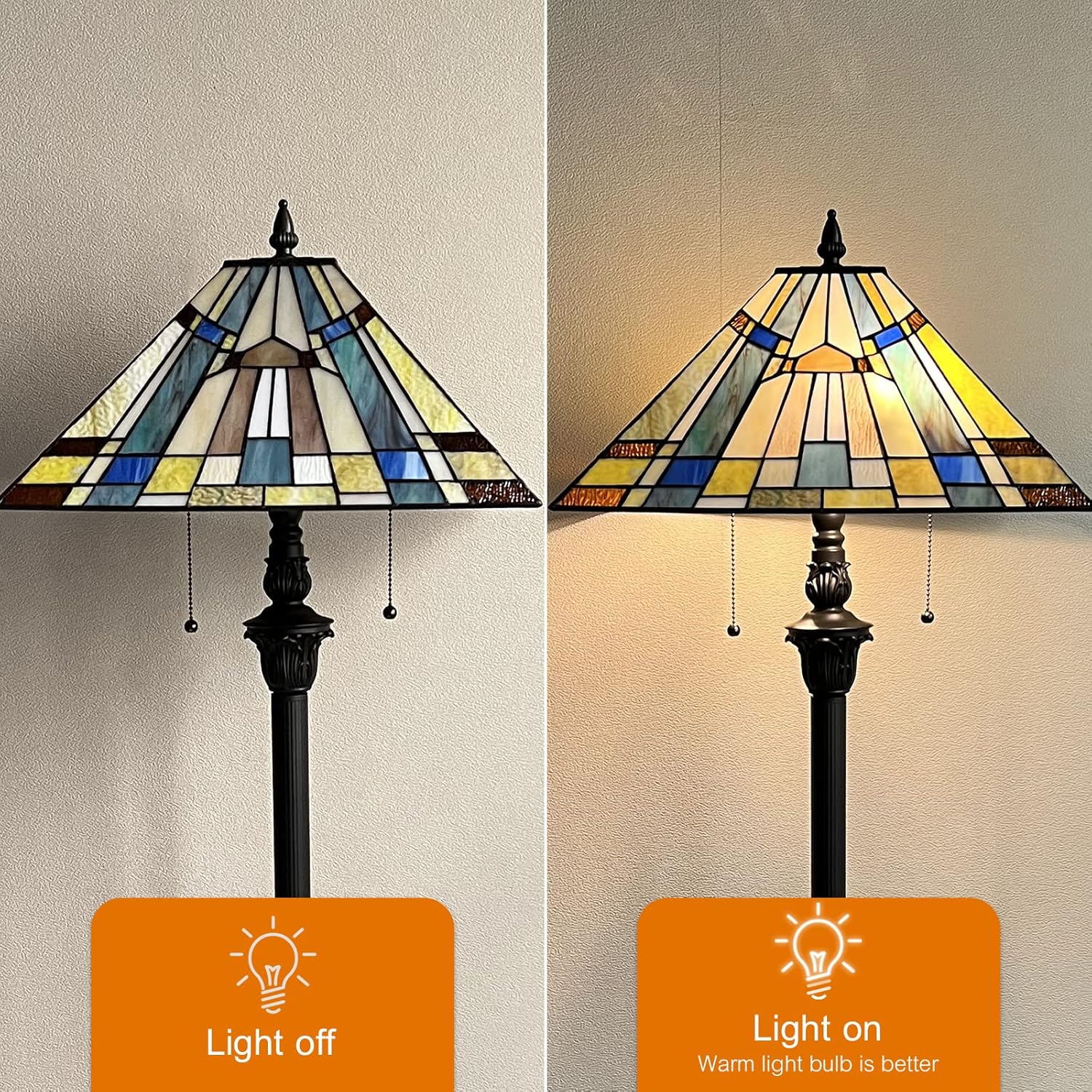 Capulina Tiffany Lamp Stained Glass Floor Lamp 2-Light 16X16X63 Inches Yellow Blue Antique Tiffany Style Standing Floor Lamp for Living Room Bedroom Home Office