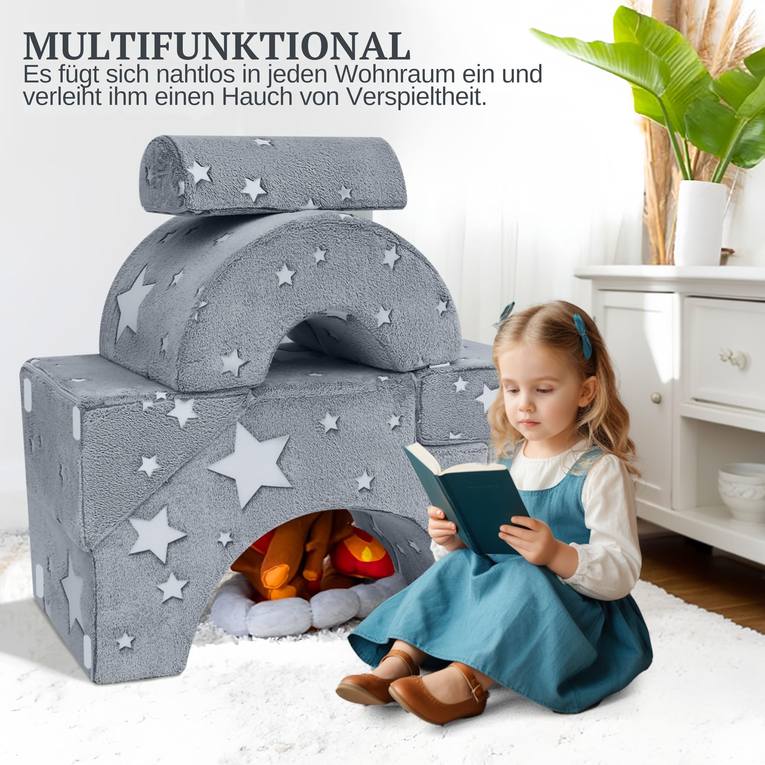 MeMoreCool Kindersofa Grau Stern-Motiv, Modulare Mini Couch aus Schaumstoff Fuer Kinderzimmer, Ausklappbares Spielsofa mit Abnehmbarem Bezug, Weiches Kindersessel ab 1 Jahr