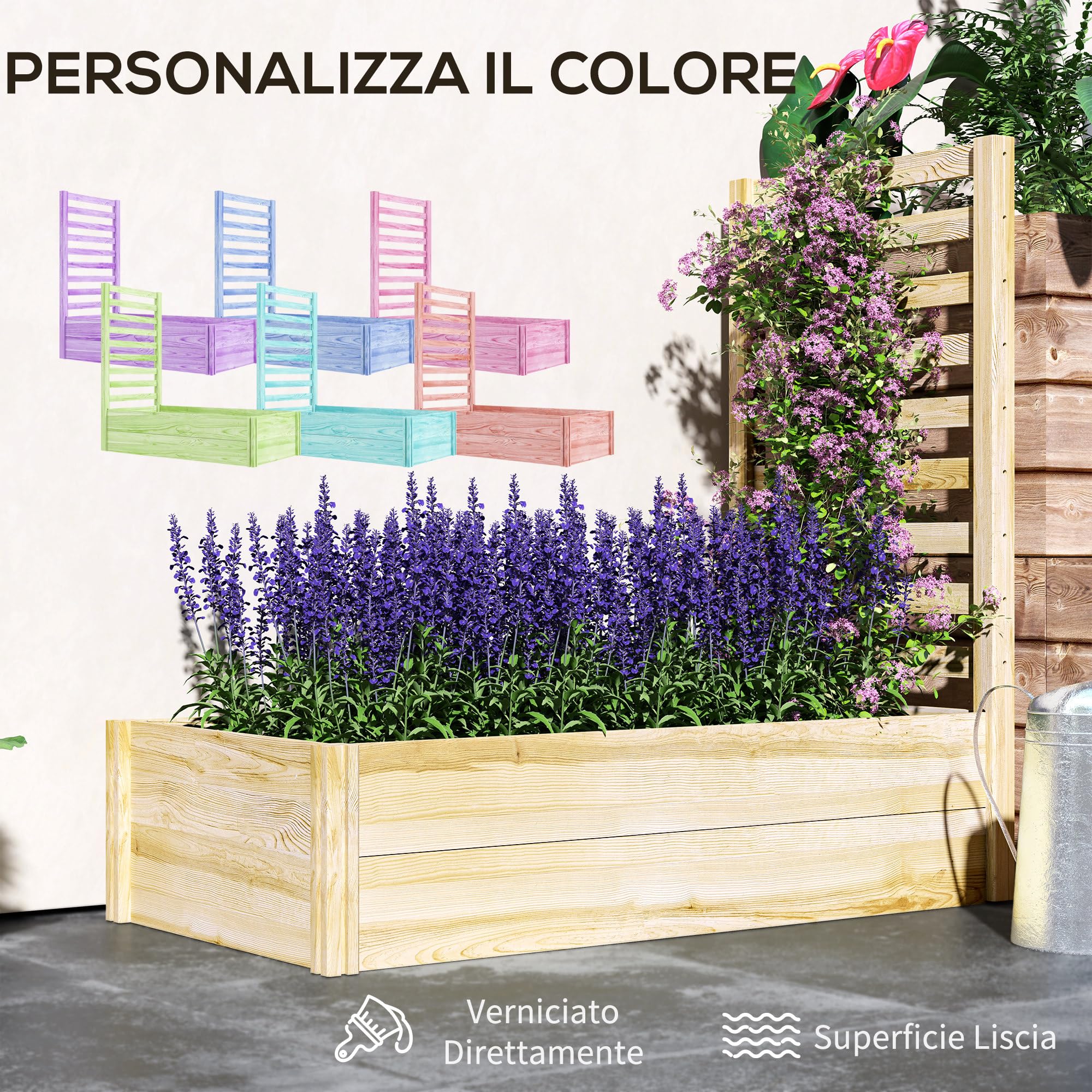 Outsunny Letto per Orto Rialzato da Esterno con Spalliera e Fondo Aperto, Fioriera con Traliccio per Piante Rampicanti in Legno di Abete, per Piante, Fiori, 115x60x110 cm, Color Legno