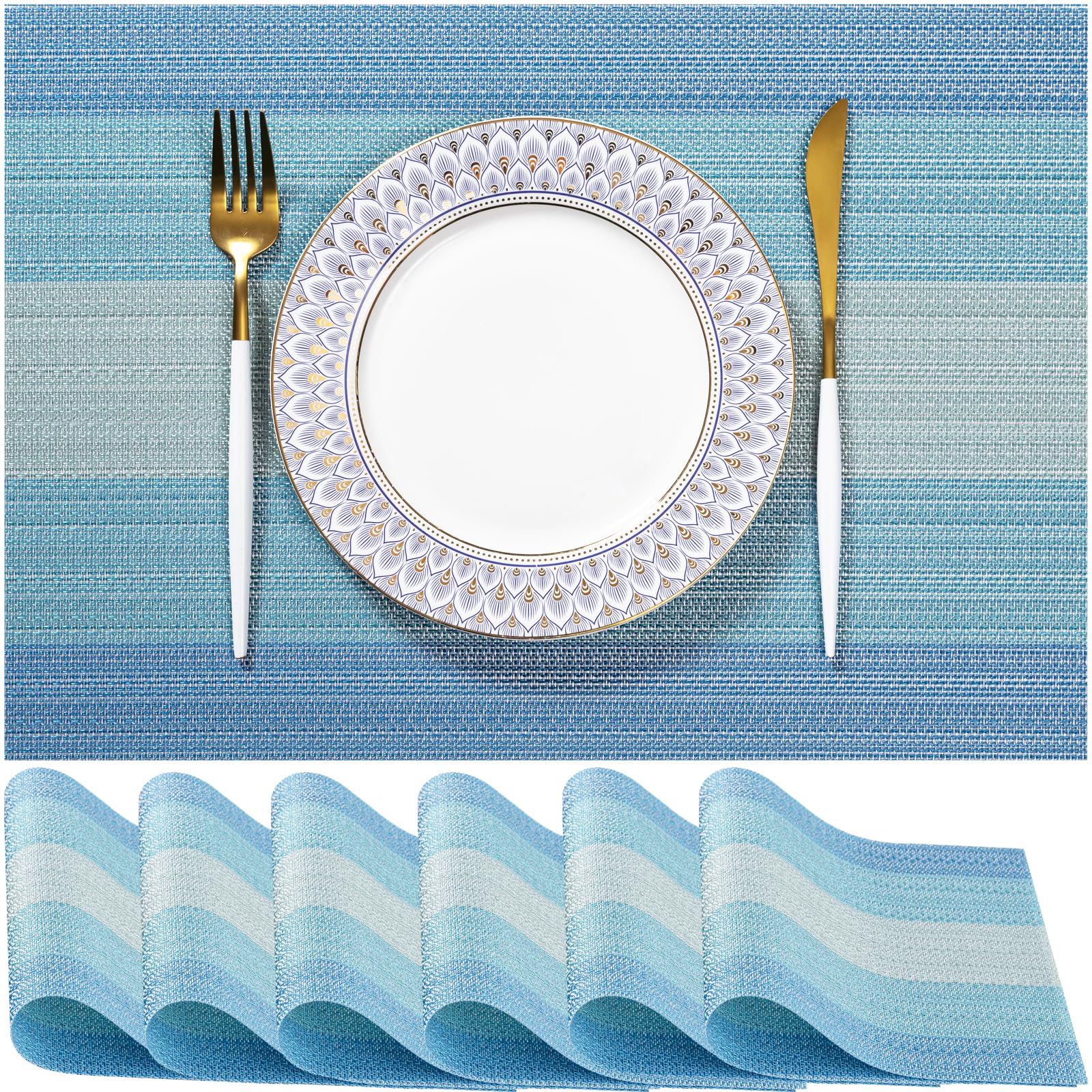 LEXMORE PVC Woven Placemats 6 PCS Wipeable Indoor/Outdoor Table Mats Washable Vinyl Place Mats for Dining Table, Set of 6-Ocean Geode