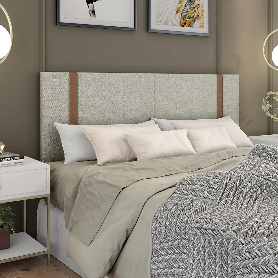 Cabeceira 1.60 Queen em Linho com detalhe em Couro