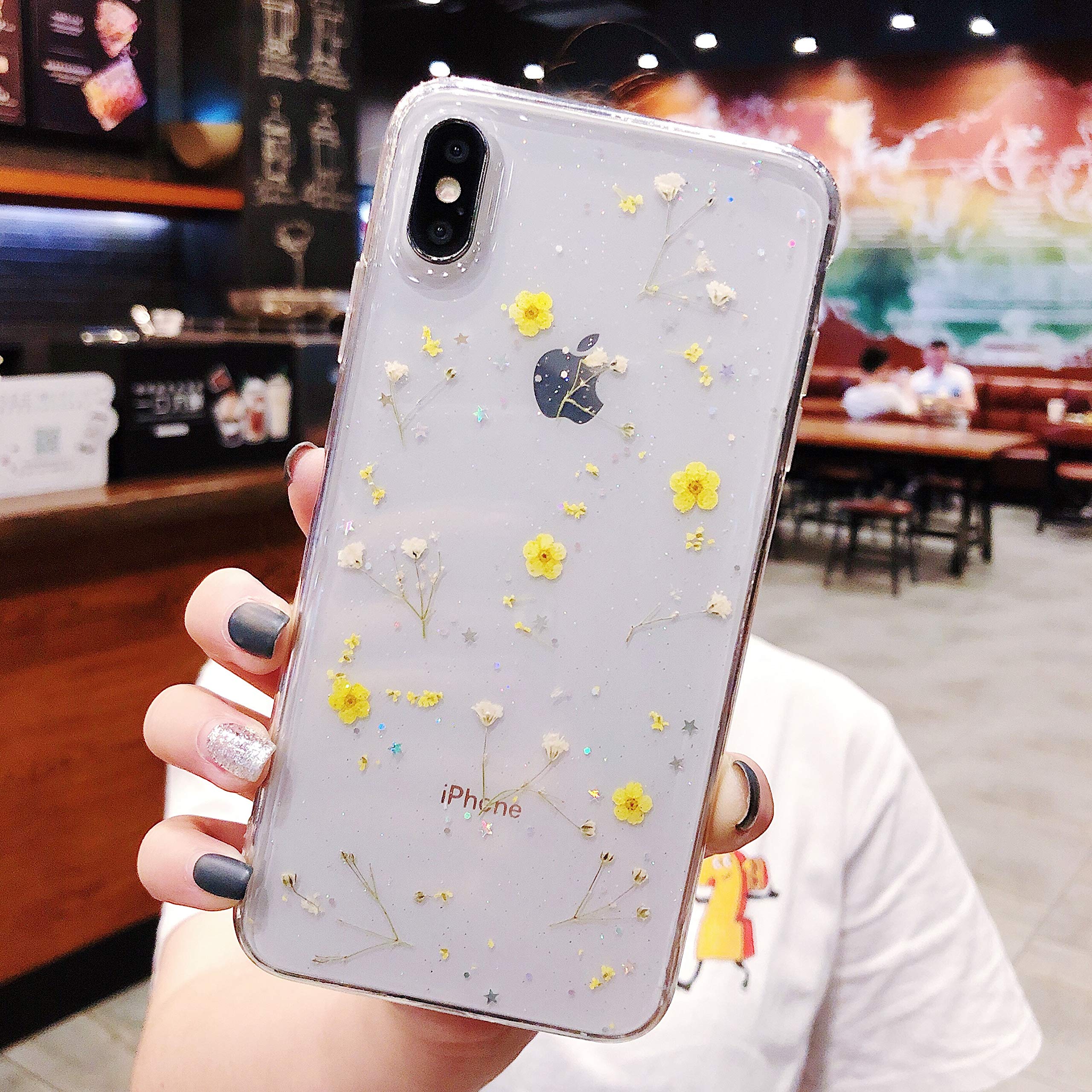 iPhone 8Plus Flower Case for Girls Women,Gendeda Pressed Dry Real Flowers  with Glitter Shockproof Handmade Soft Floral Clear Flexible Rubber Phone