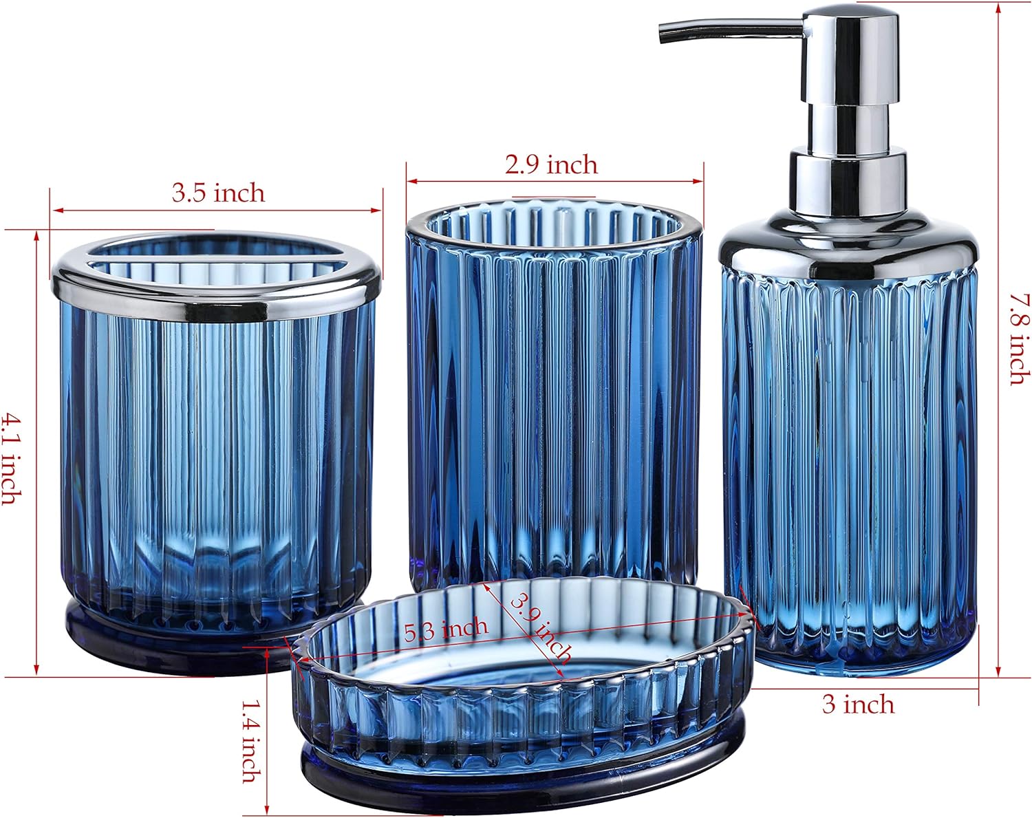 4PCs Heavy Weight Decent Blue Glass Bathroom Accessories Set with Decorative Pressed Pattern - Includes Hand Soap Dispenser & Tumbler & Soap Dish & Toothbrush Holder (Cobalt Blue)