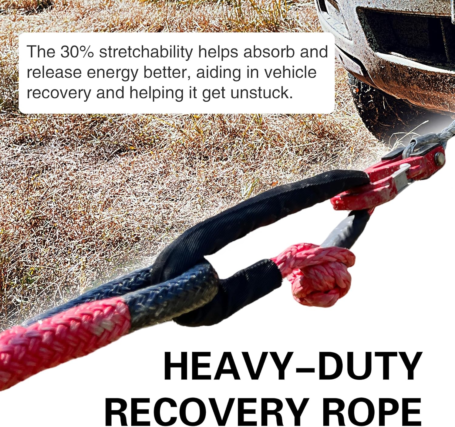 ATV Kinetic Recovery Rope 1" x 30' Red - Heavy-Duty Tow Ropes for Trucks with 2 Soft Shackles (48,000 lbs, 30% Elasticity, Snatch Strap for UTV, Jeep, Off-Road) (Red, 1in x 30ft)