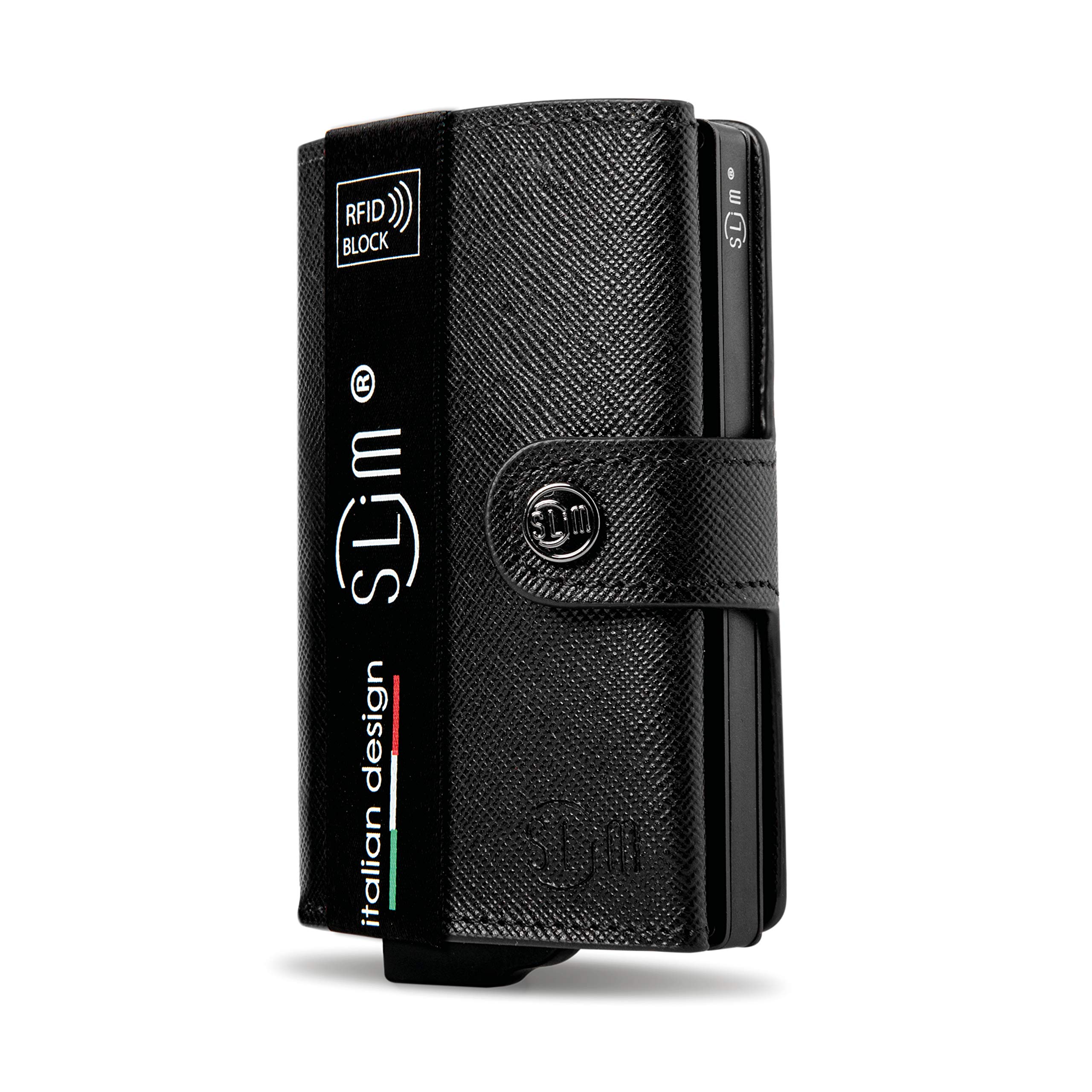 SLim Porta Carte di Credito Schermato Portafoglio Uomo Rfid Portatessere Anticlonazione Donna Portacarte Uomo (Saffiano Nero, Senza Zip)
