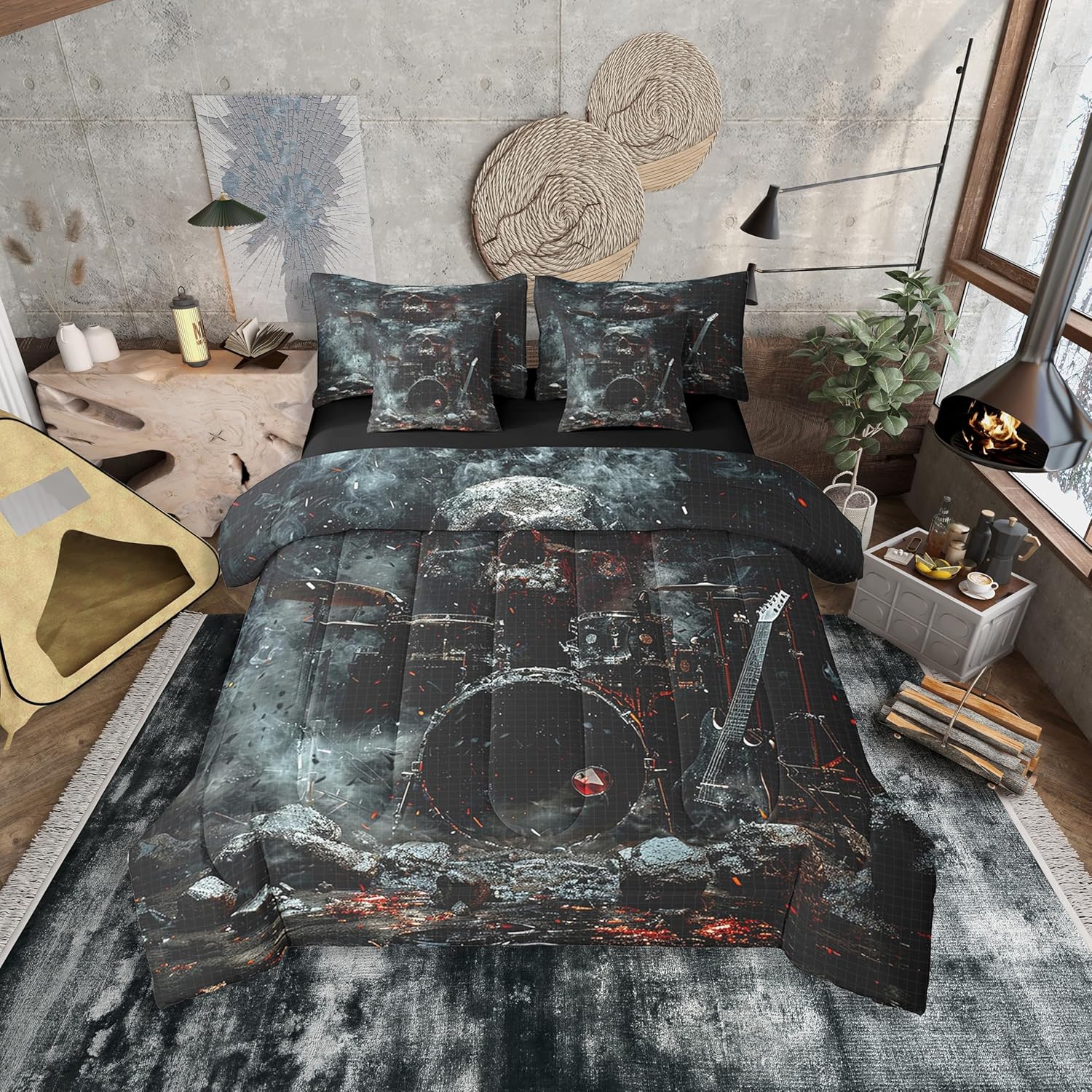 Erosebridal Gothic Music Themed 7 Piece Comforter Set Queen Bed in a Bag,Musical Instrument Drum Kit Bedding Sets Halloween Skeleton Sugar Skull Grunge Black Red Sheet Set with Comforter