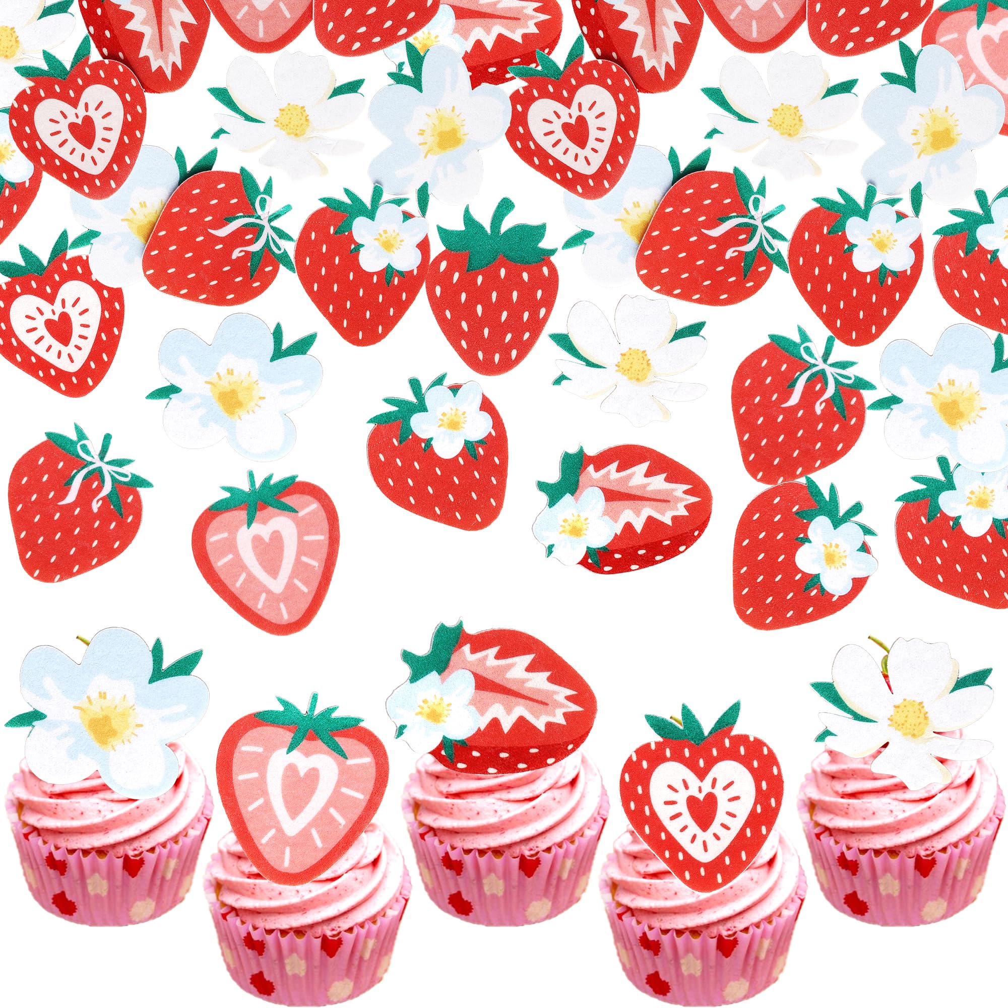 Xsstarmi 64 Pack Strawberry Edible Cupcake Toppers Rice Paper Flower Red Strawberry Delicious Berries Cupcake Picks for Baby Shower Birthday Party Cake Decorations Supplies