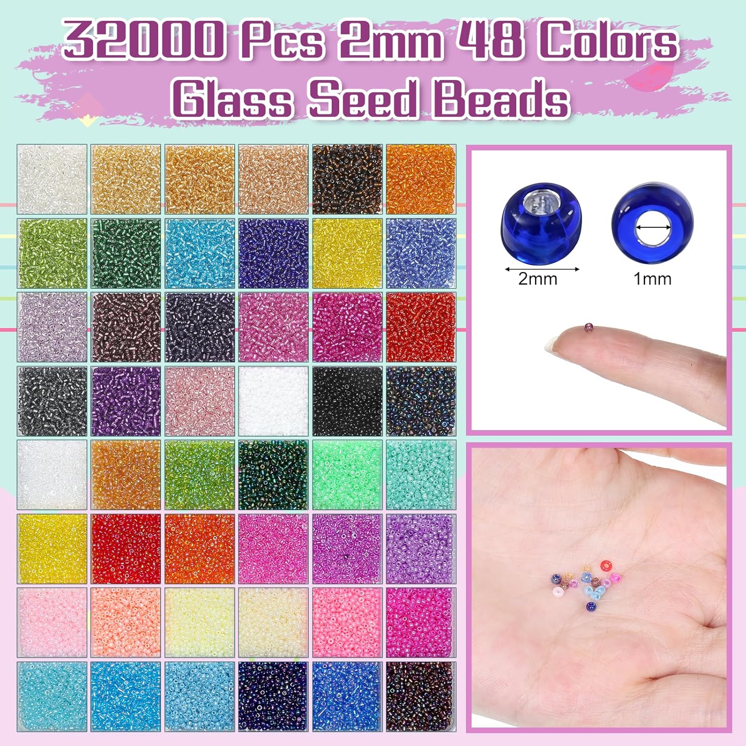 32000 Pcs 2mm Glass Seed Beads Small Craft Beads and 12000 Pcs 7mm Tube Bead Set, Glass Seed Bead Kit for DIY Bracelet Necklaces Crafting Supplies with Elastic Strings Beading Needles 96 Colors - Image 3