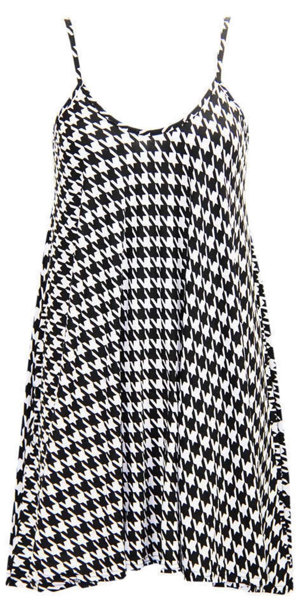 Girlzwalk Women's Dog Tooth New Camisole Cami Flared Skater Strappy Swing Mini Dress Vest Top