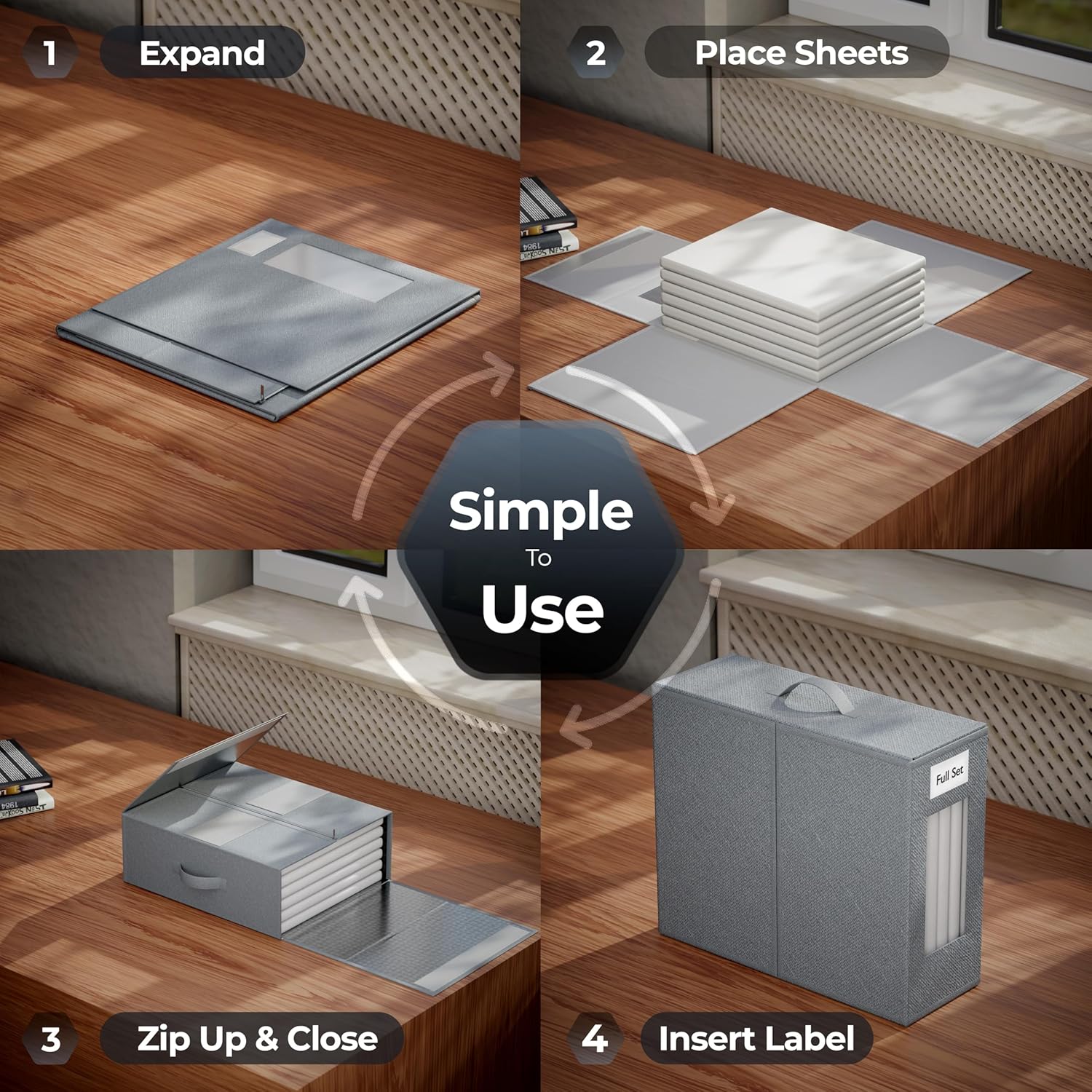 TIMBLE Bed Sheet Organizers & Storage, 10 Pack for King, Queen & Large Sheet Sets, Closet Organizer for Linens, Clothes, Blankets & Bedding, Foldable Fabric Bins with Handle, Name Tag & Window (Gray)