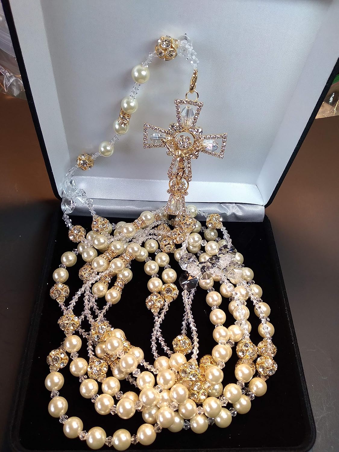 Aeiniweraabbcc SPPRANDOM J.G Wedding Lasso/Lasso para boda de Perla fina Color Ivory y rhigestone Color oro Lazo con Cruz catolica y cristales Lazo Fino.