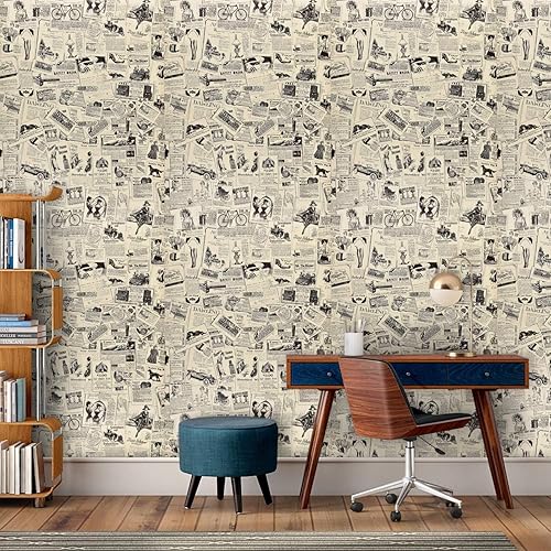 Miniatura 6 de WENMER Papel de contacto de periódico de 17.71 x 236 pulgadas, papel tapiz autoadhesivo vintage para despegar y pegar, papel tapiz extraíble para