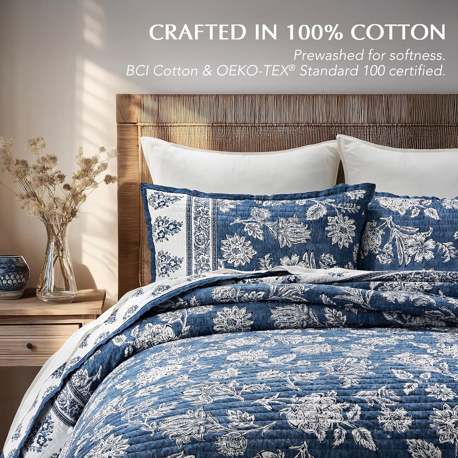 EverGrace Cotton Quilt Set Queen Size, 100% Cotton Reversible Lightweight Bedspread Coverlet, Vintage Floral Farmhouse Bedding, Traditional Block Print Quilt with 2 Pillow Shams, Indigo Blue 92"×96" | Vintage Floral, 100% Cotton, Soft, Oeko-Tex Certified, Oversized, Reversible
