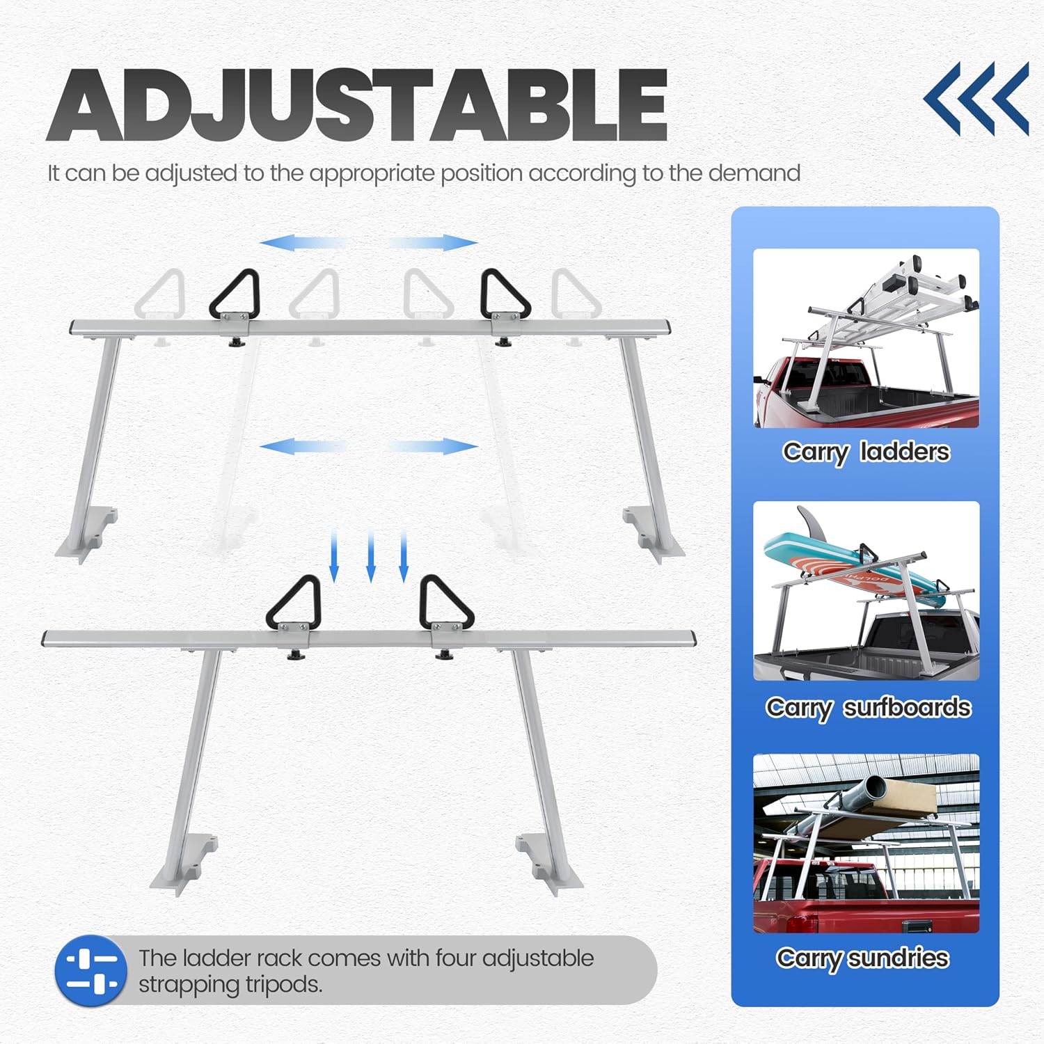 ECOTRIC No Drilling Extendable 66in Truck Ladder Rack Compatible with Most Full Size and Compact Trucks Contractor Pipe Lumber Rack 800lbs Weight Capacity Silvery