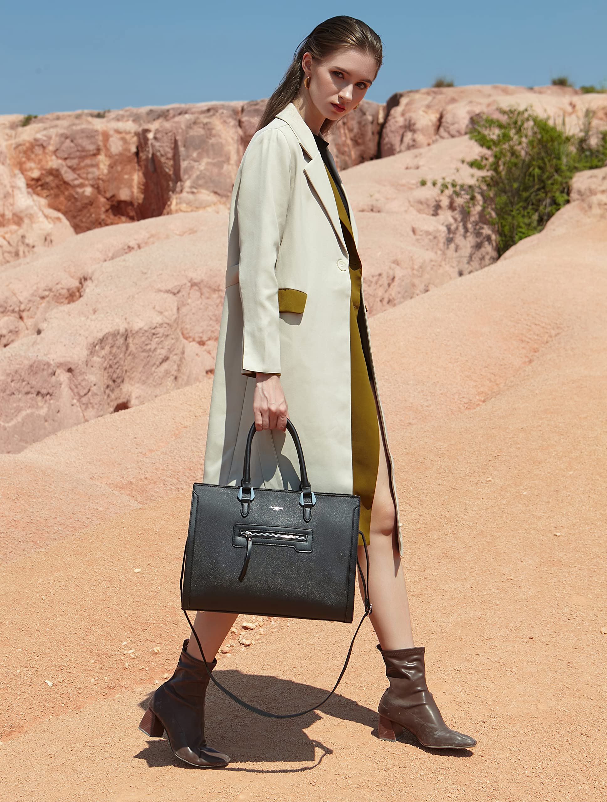 David Jones - Grand Sac à Main Femme - Cabas Fourre-Tout Cuir PU Rigide - Sac Elégant Ville Travail Poches Multiples - Shopper Porté Epaule Bandoulière - Capacité Moyenne - Mode Chic