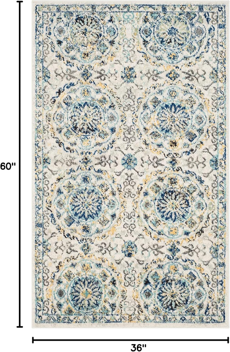 Ivory and Blue High Pile Synthetic Area Rug