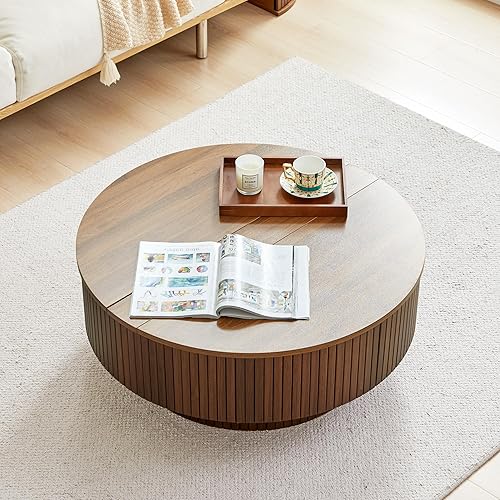 Vista 8 de Mesa de centro redonda de 33" con tapa elevable y almacenamiento de tapa abatible, mesas de centro acanaladas modernas con marco de metal, mesa Nuez