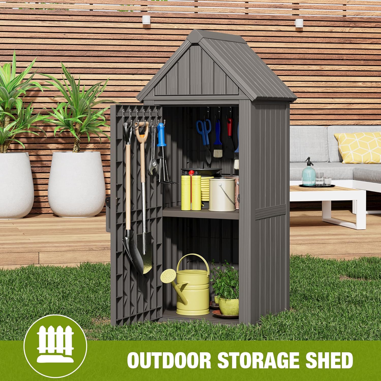 Outdoor Storage Shed – Sturdy Resin with Sloping Roof and Lockable Door, Waterproof Storage Cabinet with Ample Space, Multiple Hooks for Backyard, Garden, Patio & Lawn, Grey