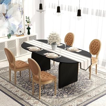 Modern Black Dining Table and Chairs Set, 70.1" Farmhouse Oval Dining Table with 4 Upholstered PU Leather Dining Chairs for Dining Room, KitchenOrange Chairs