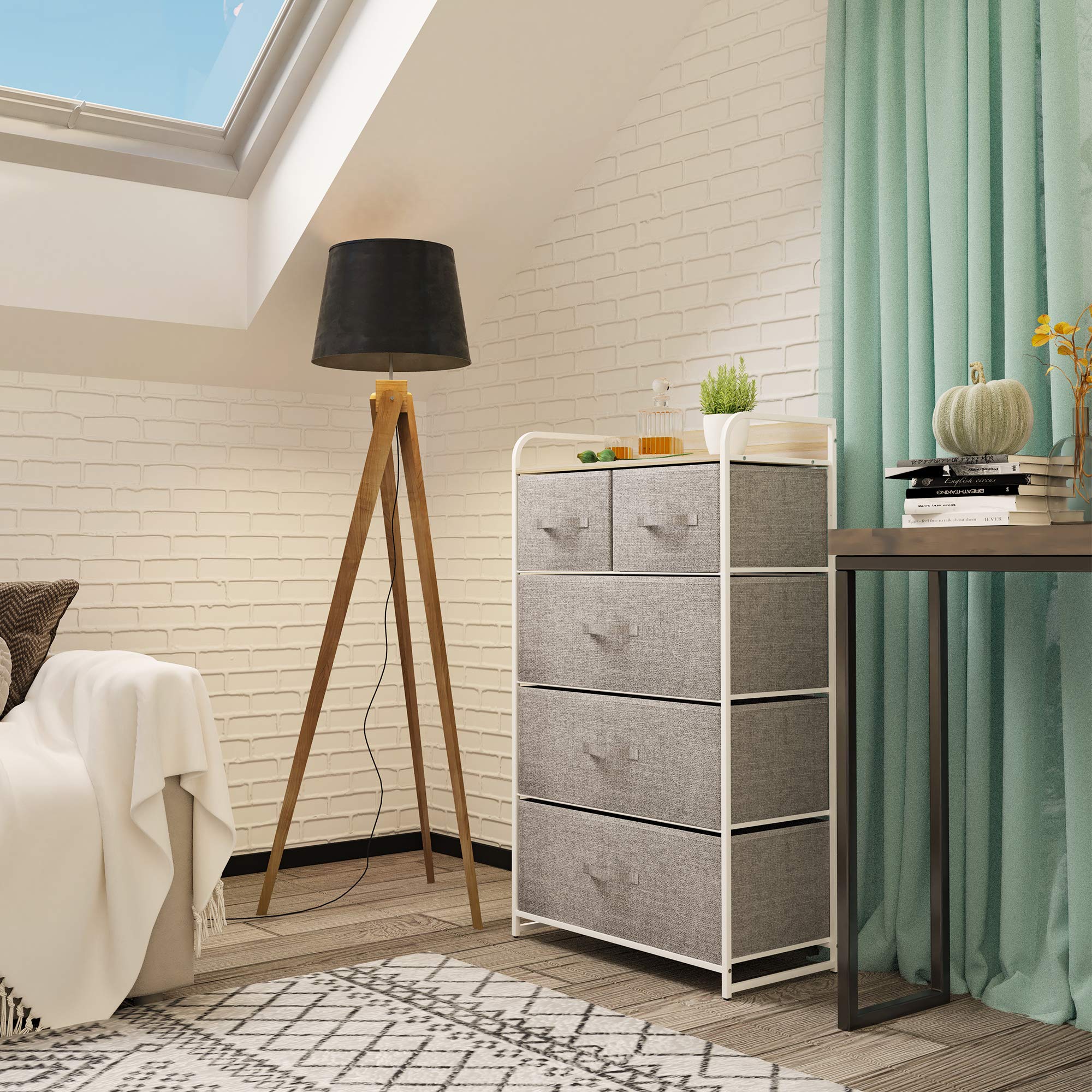 YITAHOME Cassettiera in tessuto, armadietto con 5 cassetti, Cassettiera per Corridoio in Tessuto, con vano contenitore in tessuto per soggiorno, camera da letto, cameretta dei bambini, grigio chiaro
