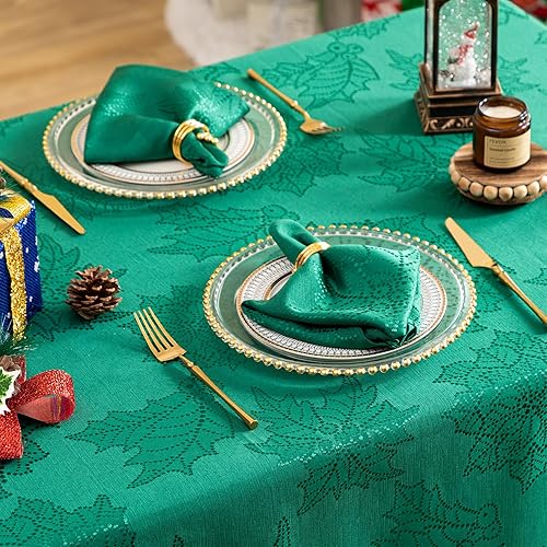 Miniatura 5 de Mantel de Navidad rectangular de 60 x 120 pulgadas, diseño de hojas jacquard, mantel de tela de poliéster lavable a prueba de derrames, para cocina,