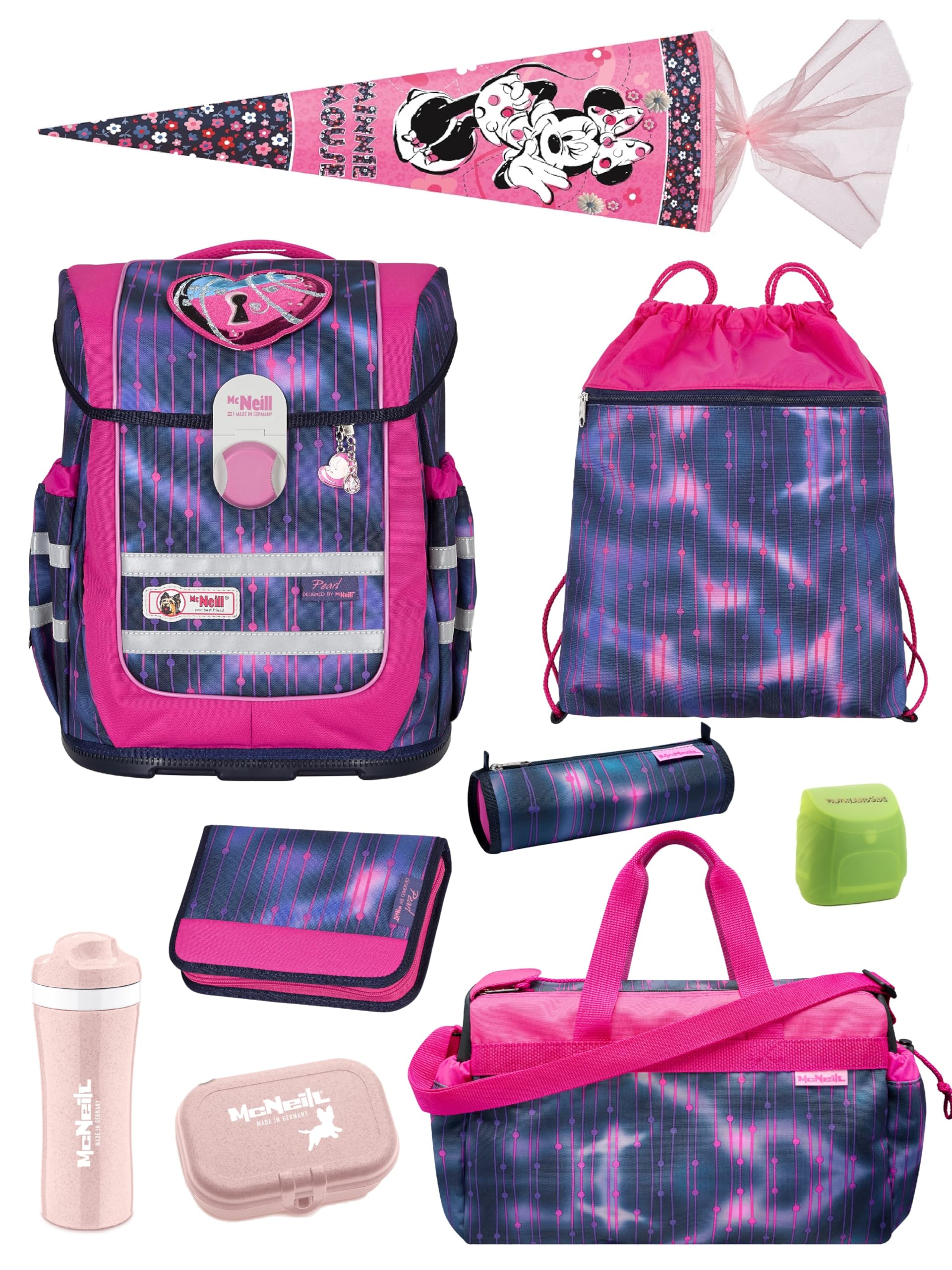 Familando - McNeill Ergo Complete Schulranzen Set - 10-teilig mit Schultüte - Pearl mit Herz Schloss - Ergonomisch & 3-Fach verstellbar - 1150g leicht mit 20L Volumen & Reflektoren - ab 1. Klasse