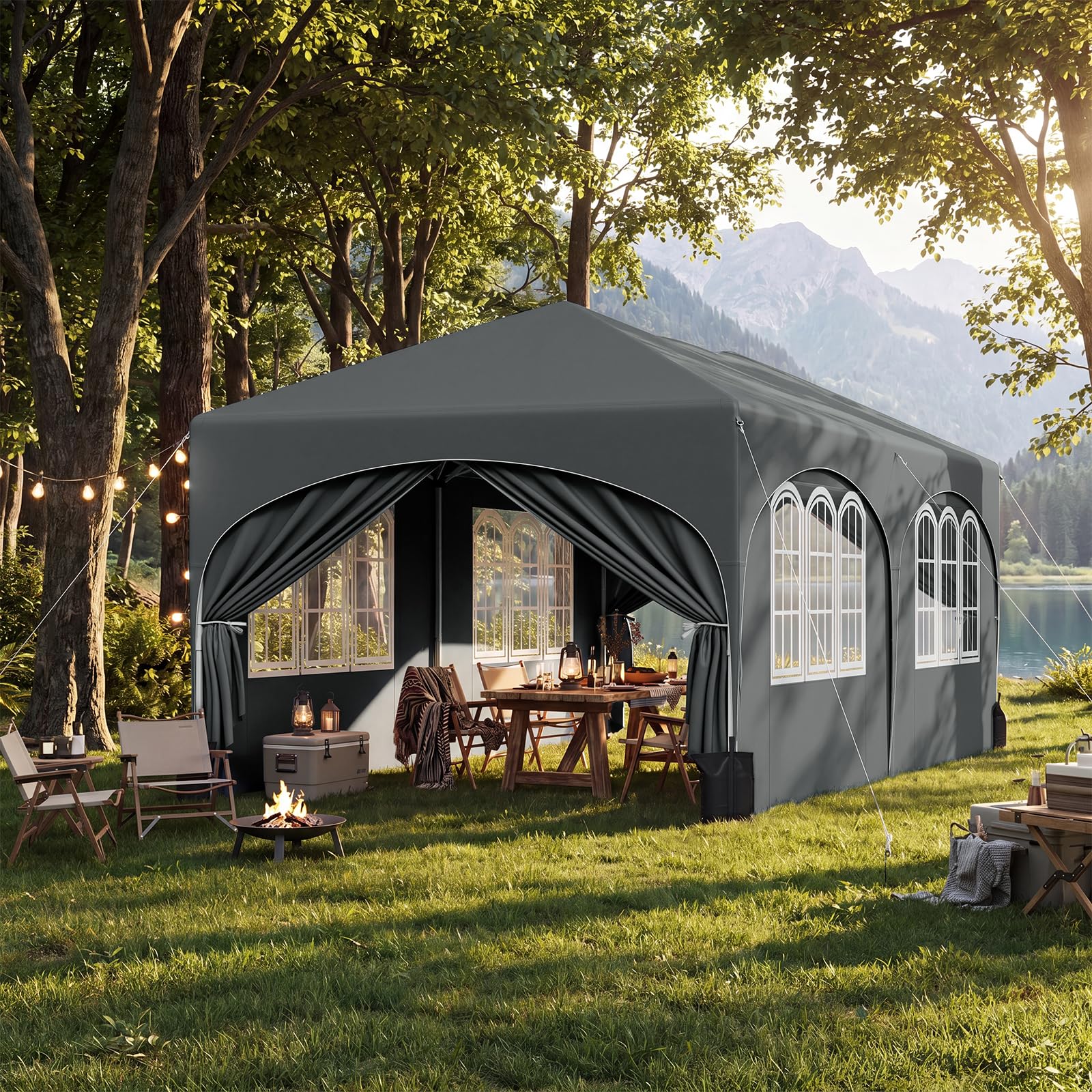 WOLTU Pavillon mit 6 Seitenteilen 4 Sandsäcke, Faltpavillon 3x6m mit Halbmonddach Tragetasche, Gartenpavillon wasserfest stabil UV-Schutz, Partyzelt Outdoor höhenverstellbar, Grau
