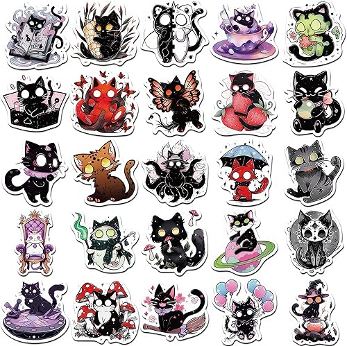 Miniatura 3 de Calcomanías de gato negro, 50 unidades, calcomanías góticas de gato, lindas calcomanías estéticas góticas en colores pastel para niñas, niños,