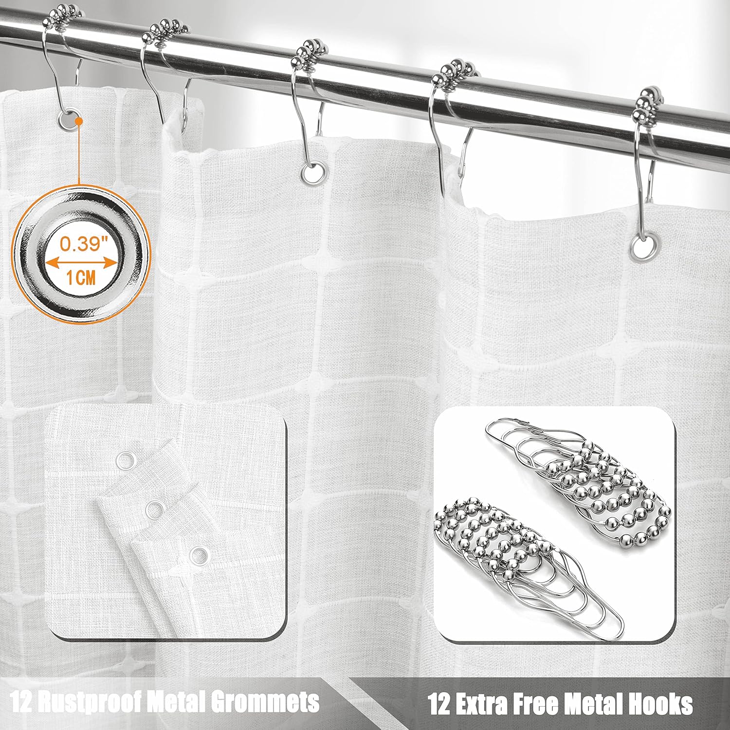 Boho Farmhouse Shower Curtain for Bathroom with Metal Hooks Thick Linen Fabric Shower Curtain with Tassels Heavy Duty Vintage Bath Curtain for Wet Room Bathtub Shower Stall - 72 x 72 Inches (White)