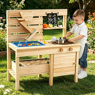 Costzon Mud Kitchen for Kids, Outdoor Play Kitchen w/Detachable Sandbox, Stoves, Sink, Chalkboard, Sand Funnel & Storage Shelf, Wooden Mud Table, Backyard Garden Toy for Boys Girls Aged 3-8