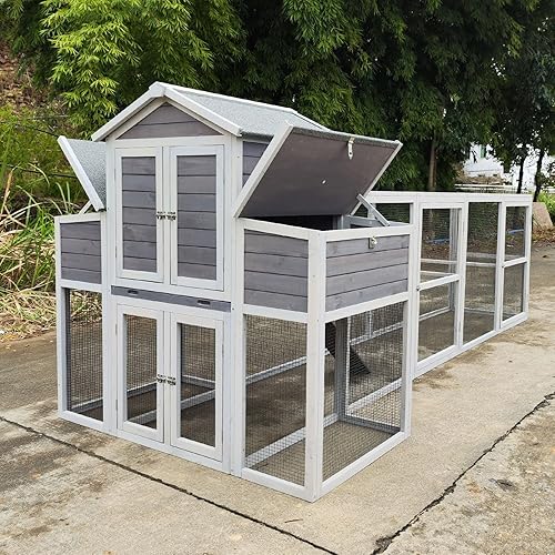 Extra Large Chicken Coop 150" L Wooden Poultry Cage with Run 2 Story Hen House,2 Nesting Boxes,5 Perches,Removable Tray, PVC Cover, Run for 4-8 Chickens Garden Backyard Cage Outdoor Indoor