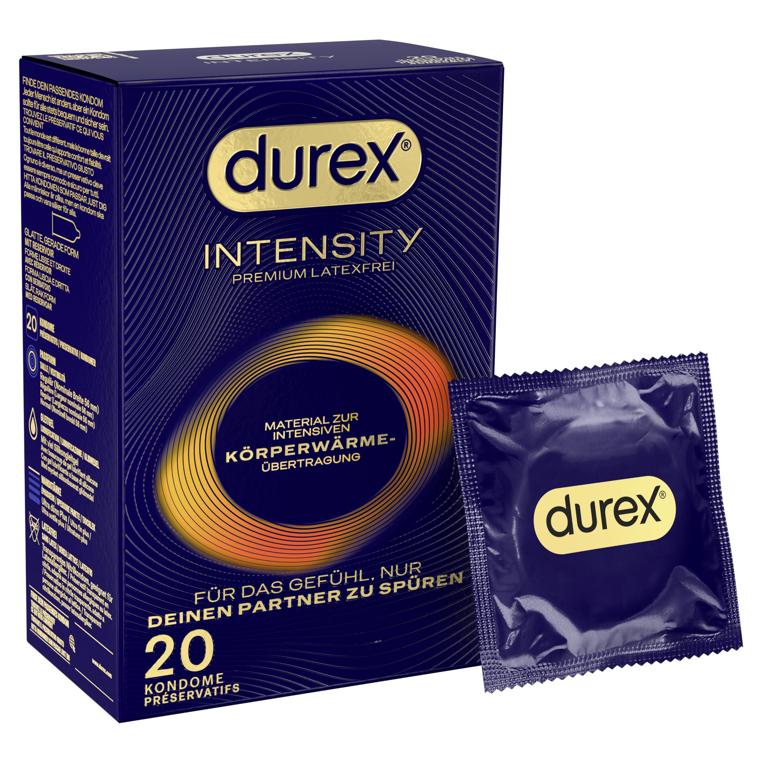 Durex Intensity Kondome - Ultra dünn plus für intensive Körperwärmeübertragung - Mit Silikongleitgel befeuchtet - Ohne Latex - 20er Pack (1 x 20 Stück)