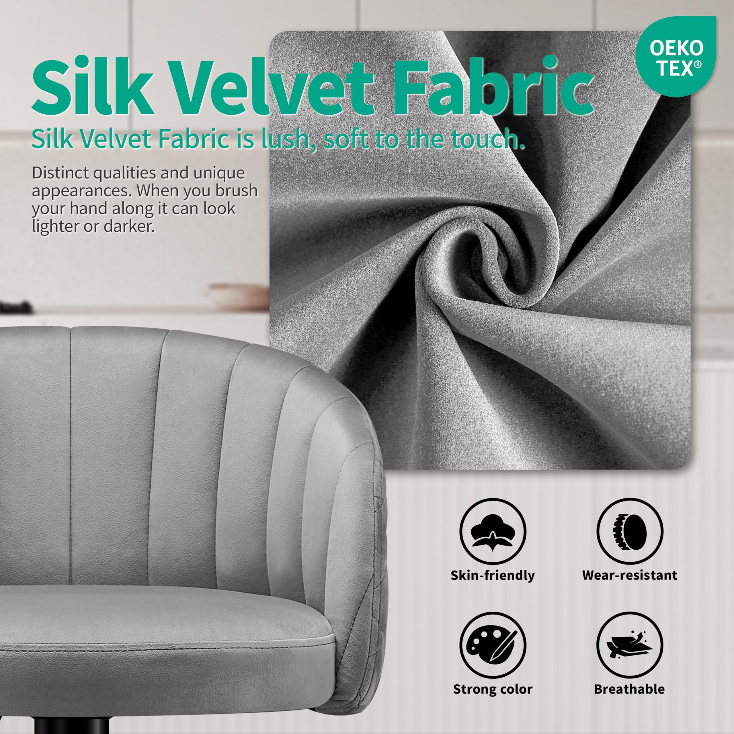 STOOLINK Barhocker 2er Set Höhenverstellbar Barstuhl Milch-samtstoff, Tresenhocker mit Lehne und Armlehne, Barhocker 360° Drehbar für Küche, Esszimmer, Café,Bistro-Grau