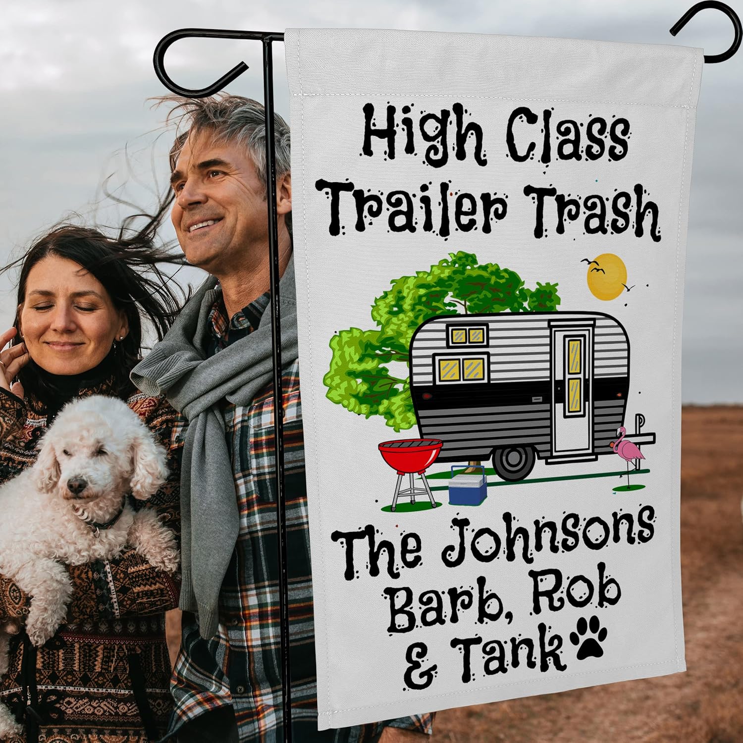 High Class Trailer Trash Personalized Campsite Flag, Customize Your Way, Stand NOT Included (Black)