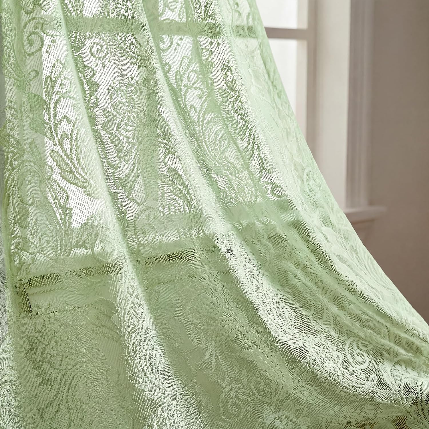 Horaldaily 2Pcs Sage Green Lace Tier Curtains, 55x36in, Floral, Victorian