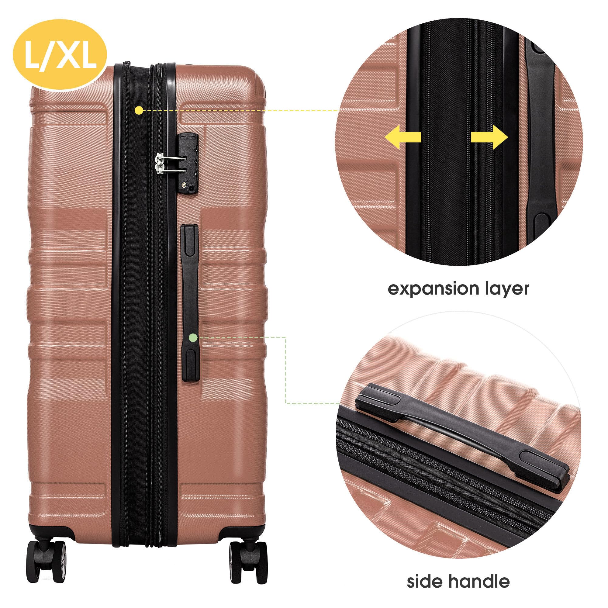 Set 3 Valigie Rigide, Valigia Trolley da Viaggio con lucchetto TSA e Ruota Universale, Espandibile, Maniglia Laterale, ABS, Valigia Bagaglio a Mano, Leggero Valigia Cabina, M-L-XL, Oro rosa