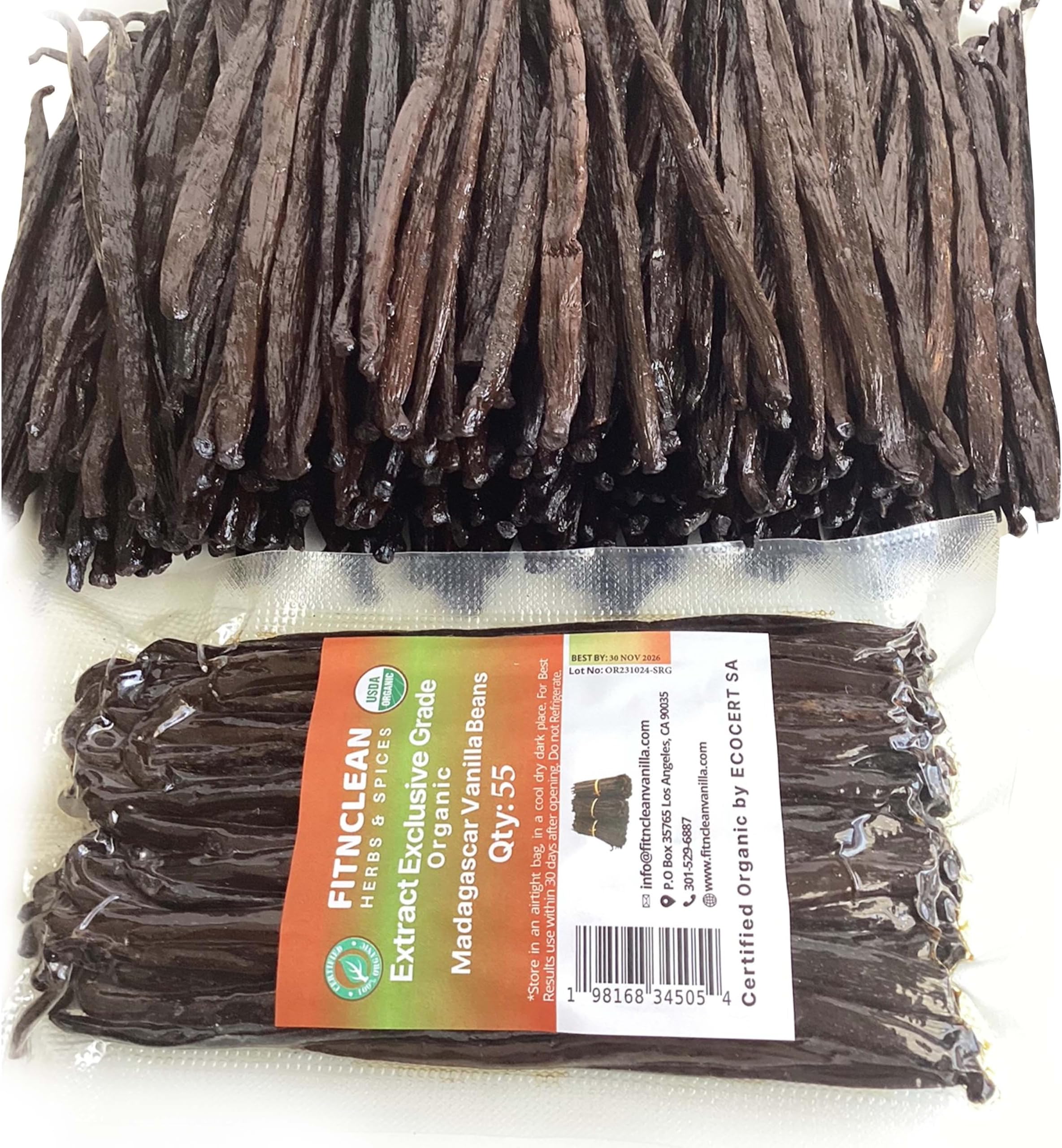 55 Organic Madagascar Vanilla Extract Exclusive Grade B Beans| 4" - 5" by FITNCLEAN VANILLA| Certified USDA Organic. Bulk Dry Whole Bourbon NON-GMO Pods
