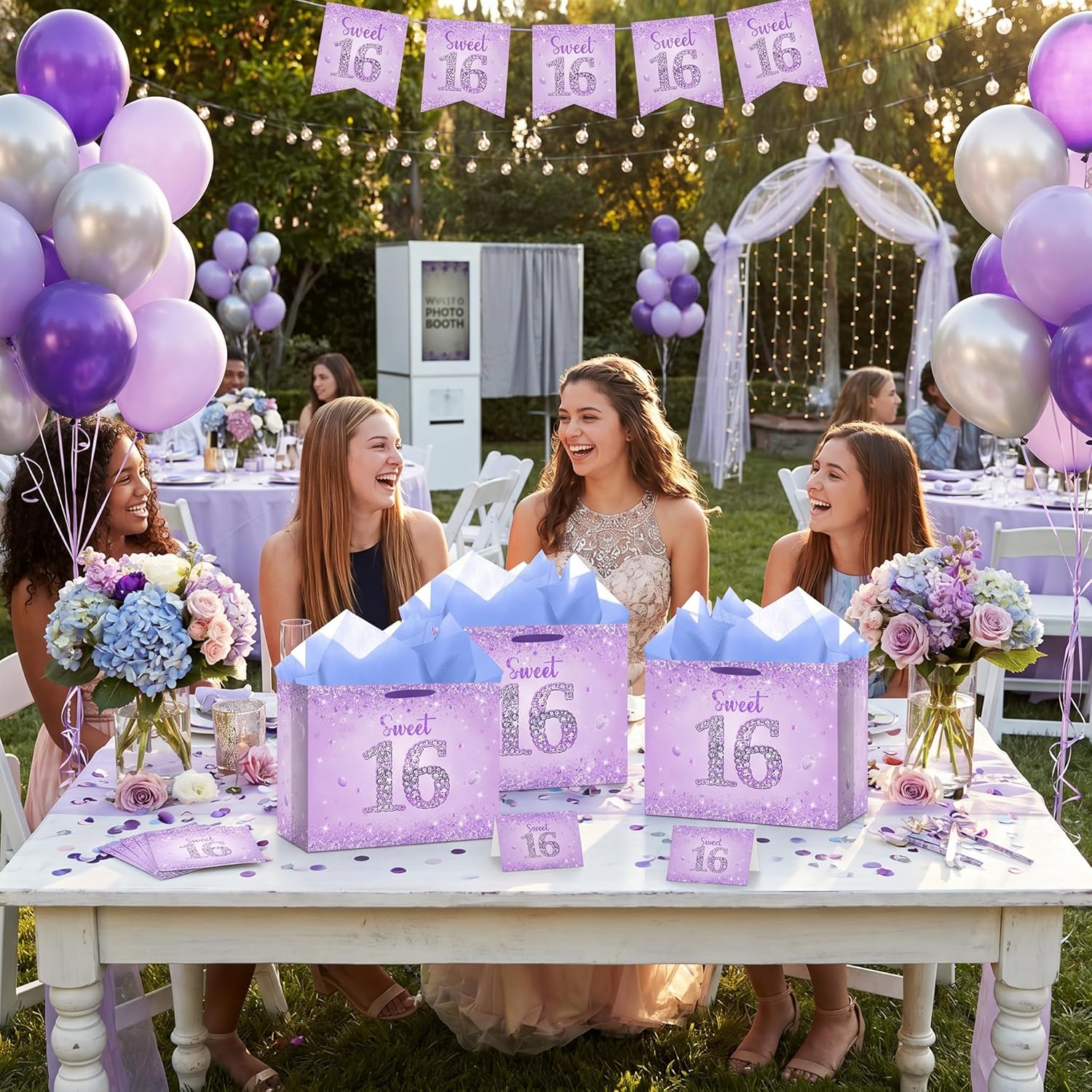 Purple Sweet 16 Birthday Gift Bag with Tissue Paper and Card Large 16th Birthday Party Favor Bags for Girls Sixteen Years Old Birthday Gift Wrap Light Purple Glitter Theme Party Decor for Her 11.8in
