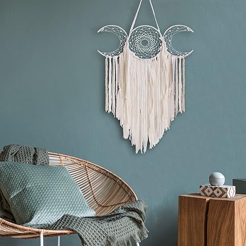Miniatura 2 de ANROYE Colgante de pared de macramé blanco con triple luna y media luna, atrapasueños bohemio para dormitorio de mujeres, tapiz tejido, regalo de