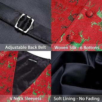Barry.Wang Men Christmas Vests Bowtie Red Green Xmas Holiday Waistcoat 4PCS | V-neck Snow Christmas Tree Snowman Vest Hanky Cufflinks Set;Family Party;2 Pockets;Prom;Tuxedo;Halloween;Performance;Banquet