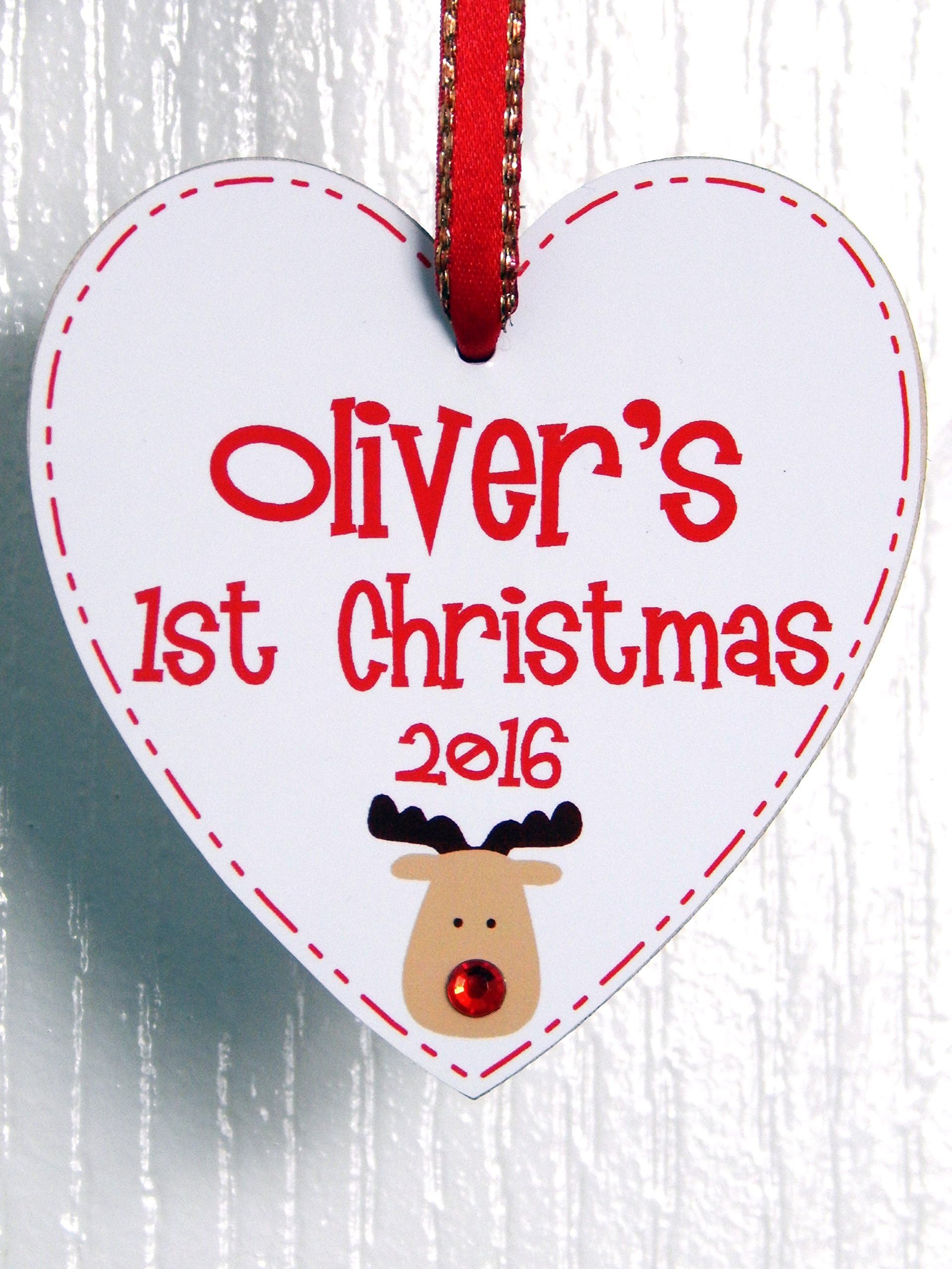 Dazzilicious Designs Personalised Baby's First Christmas Reindeer Jewel Heart Plaque Gift - 1st Xmas Tree Decoration With Any Name & Year Handmade in the UK New Baby Festive Bauble Gift