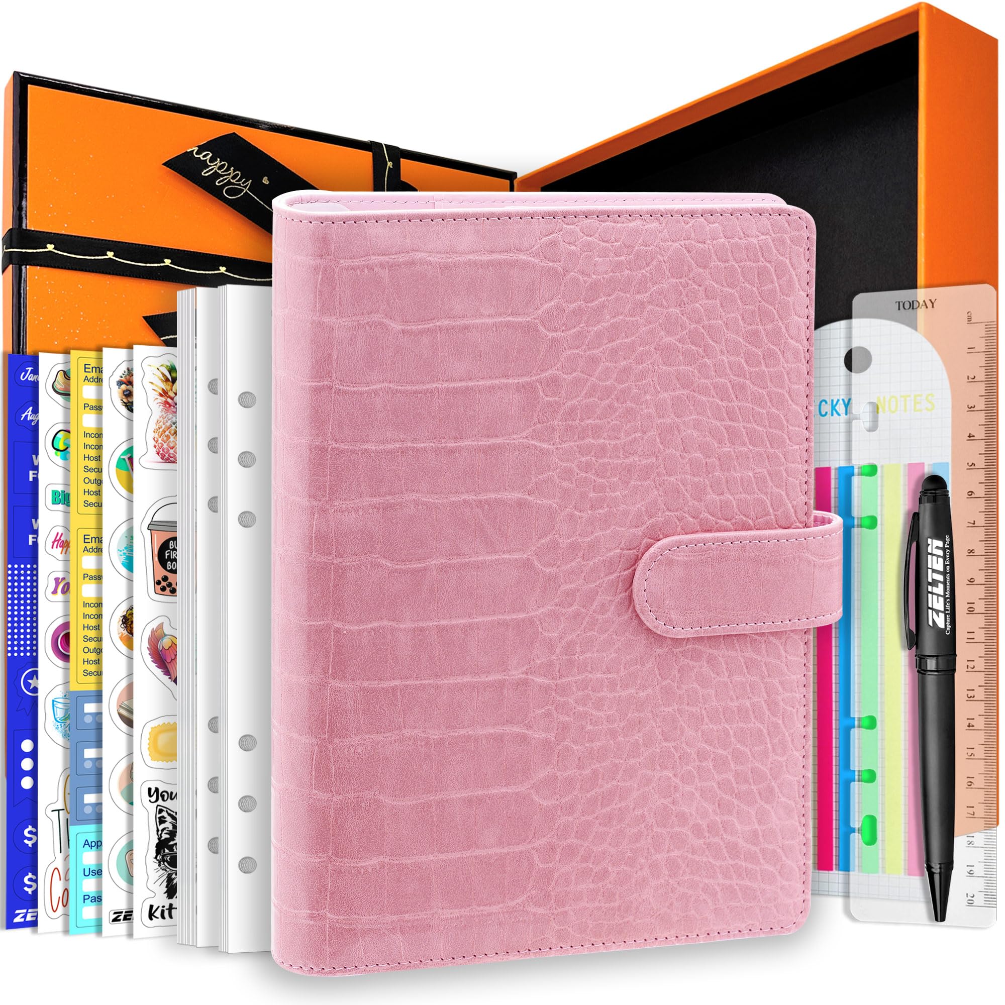 PU Leather Personal Notebook Planner with 67 Pages Loose-Leaf Papers 6 Holes Ring Binder Pen Holder Magnetic Buckle (Pink Crocodile Pattern,A5 Gift Box)