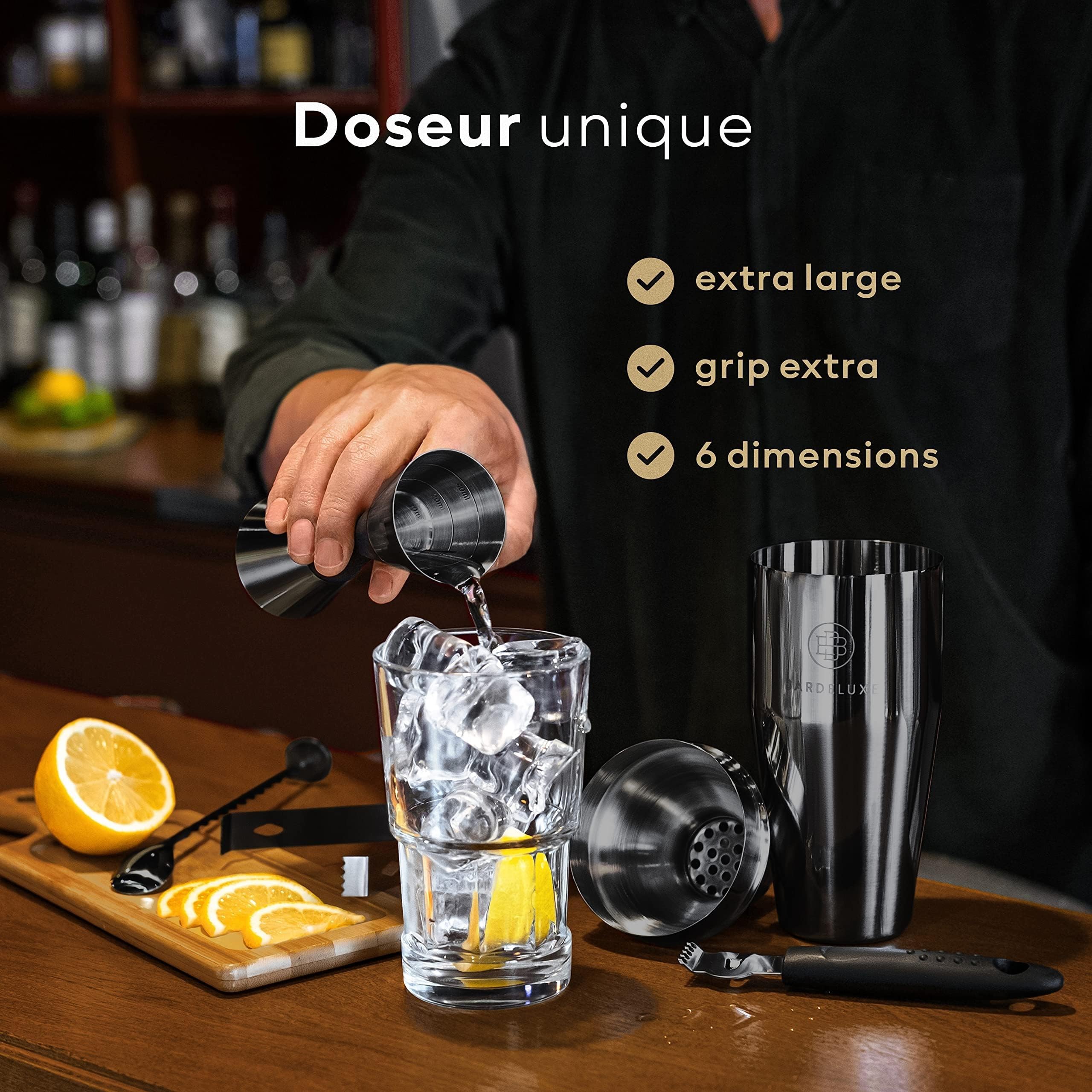 BarDeluxe® Boston Shaker Set de 5 pièces pour Barman - Ensemble de Cocktails - 750 ML - Shaker à Cocktail Boston - en Acier Inoxydable - Accessoires de Cocktail (Noir)