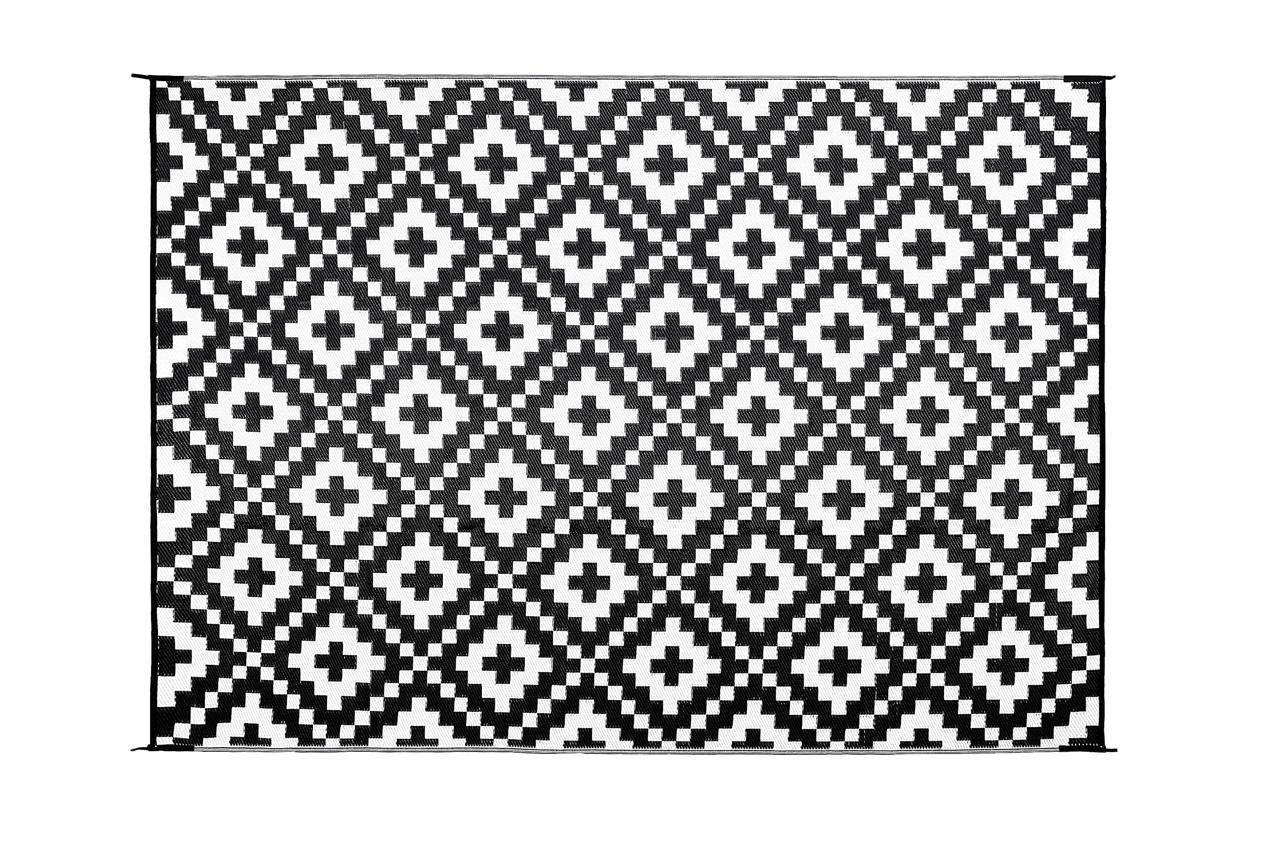 stylish camping ld8111 8-feet by 11-feet reversible mat, recycled plastic, home, patio, rv, camping, picnic, beach - aztec design mat (black/white)