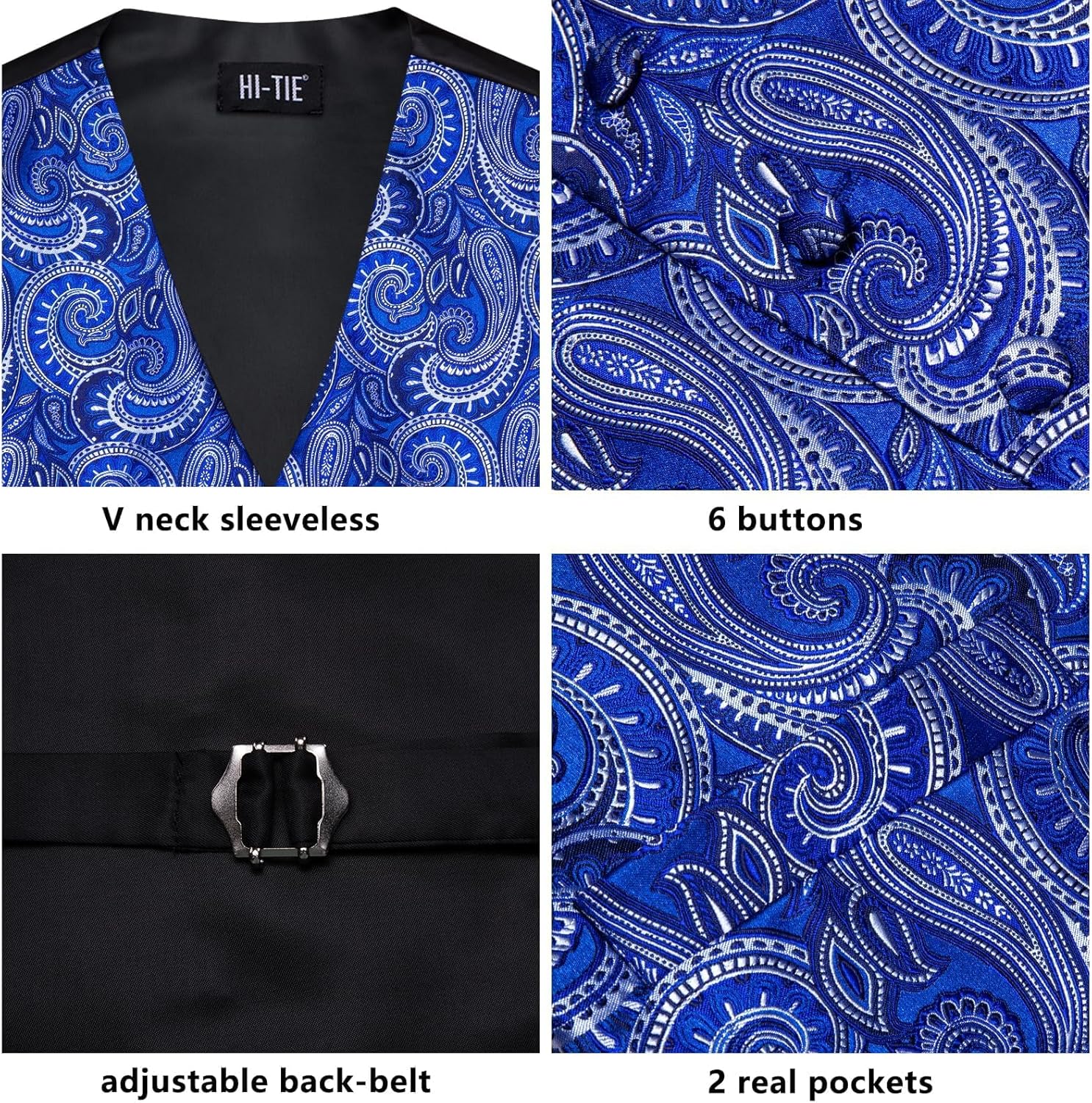 Hi-Tie Silk Mens Suit Vest Tie and Bowtie Lapel Pin Gold Tie Clip Paisley Floral Waistcoat 8PCS Set Tuxedo Wedding Party - Image 5