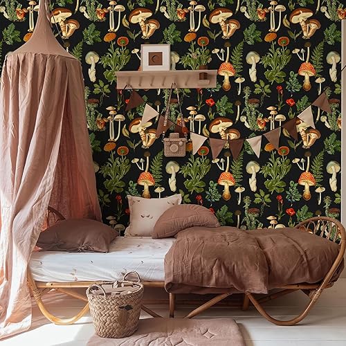 Miniatura 3 de Mural de hongos para despegar y pegar, papel tapiz bohemio negro, vinilo impermeable para baño y dormitorio (negro, 17.7 x 118.11 pulgadas)