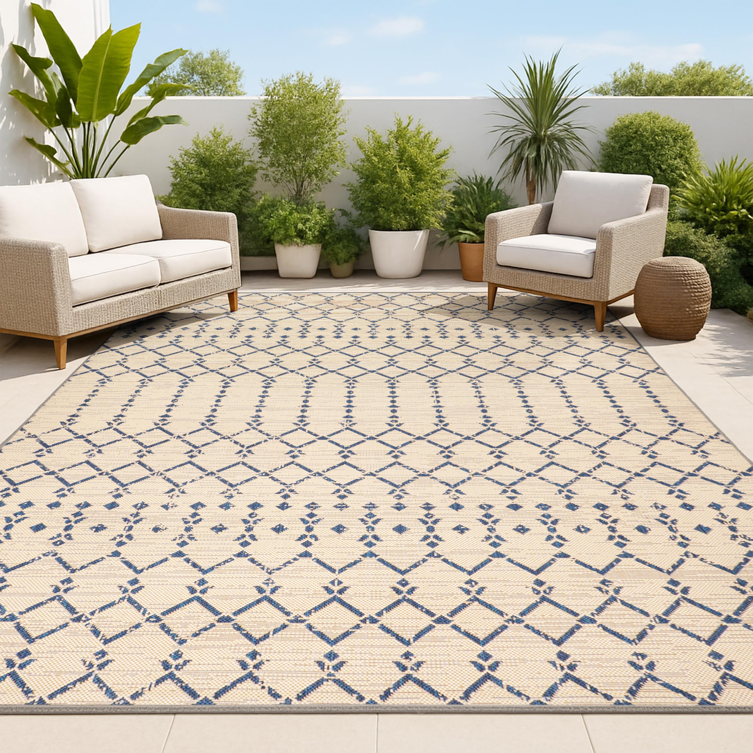 JONATHAN Y SMB108H-8 Ourika Moroccan Geometric Textured Weave Indoor Outdoor Area-Rug, Coastal, Traditional, Transitional Easy-Cleaning,Bedroom,Kitchen,Backyard,Patio,Non Shedding, Beige/Navy, 8 X 10
