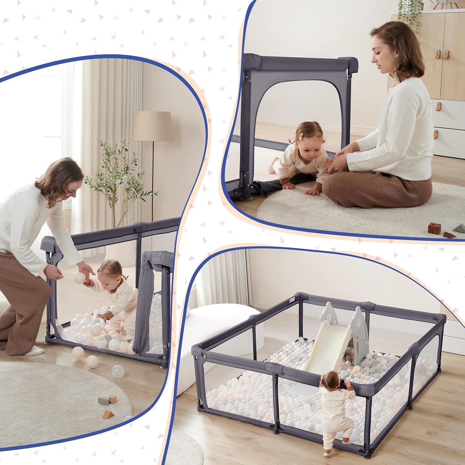 Sweeby Baby Playpen, 79x71 Inch Foldable Playpens for Babies and Toddlers with Gate, Extra Large Playpen with Door Play Yard for Baby Fence Indoor and Outdoor Portable Play Pen,Dark Gray