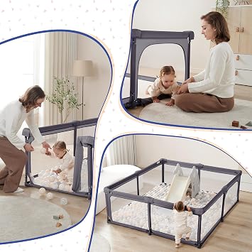 Sweeby Baby Playpen, 79x71 Inch Foldable Playpens for Babies and Toddlers with Gate, Extra Large Playpen with Door Play Yard for Baby Fence Indoor and Outdoor Portable Play Pen,Dark Gray